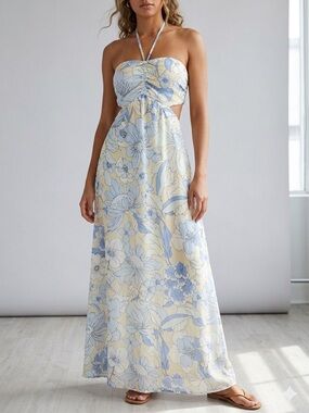 Forever 21 Floral Halter Maxi Dress in Pale Yellow and Light Blue